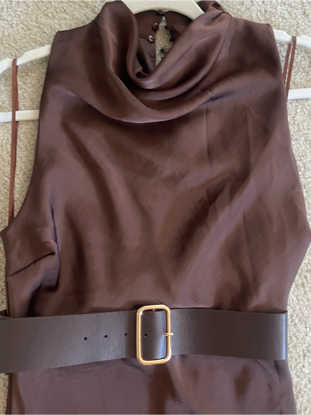 Brown Satin Maxi Dress with Belt - Picture 9 of 10